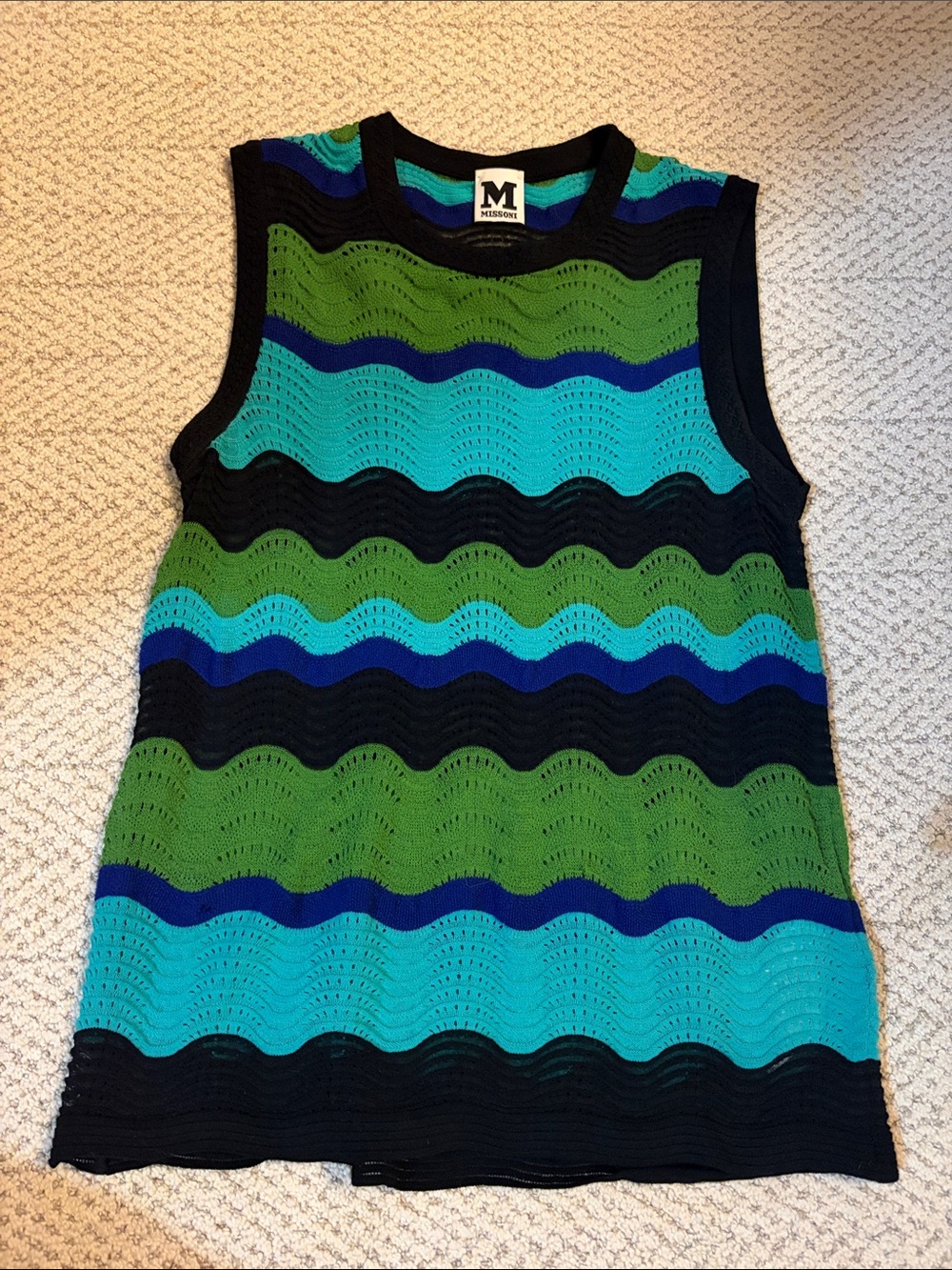 Missoni Sleeveless Wave Knit top in Blue, Green & Black